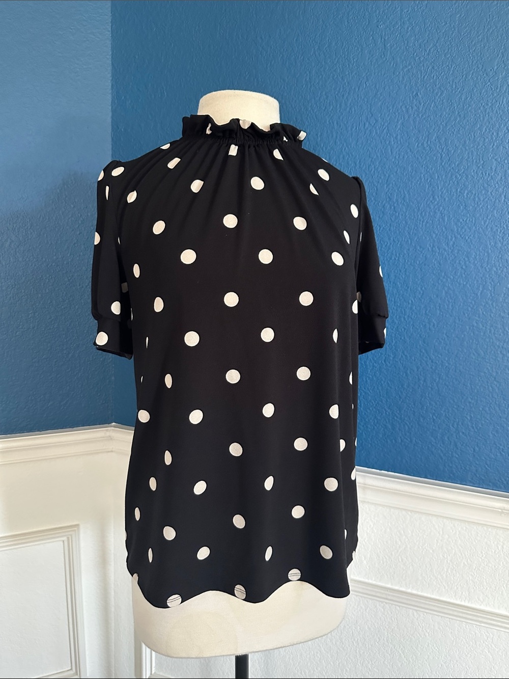 Adrianna Papell Black & White Polka Dot Ruffle Neck Blouse